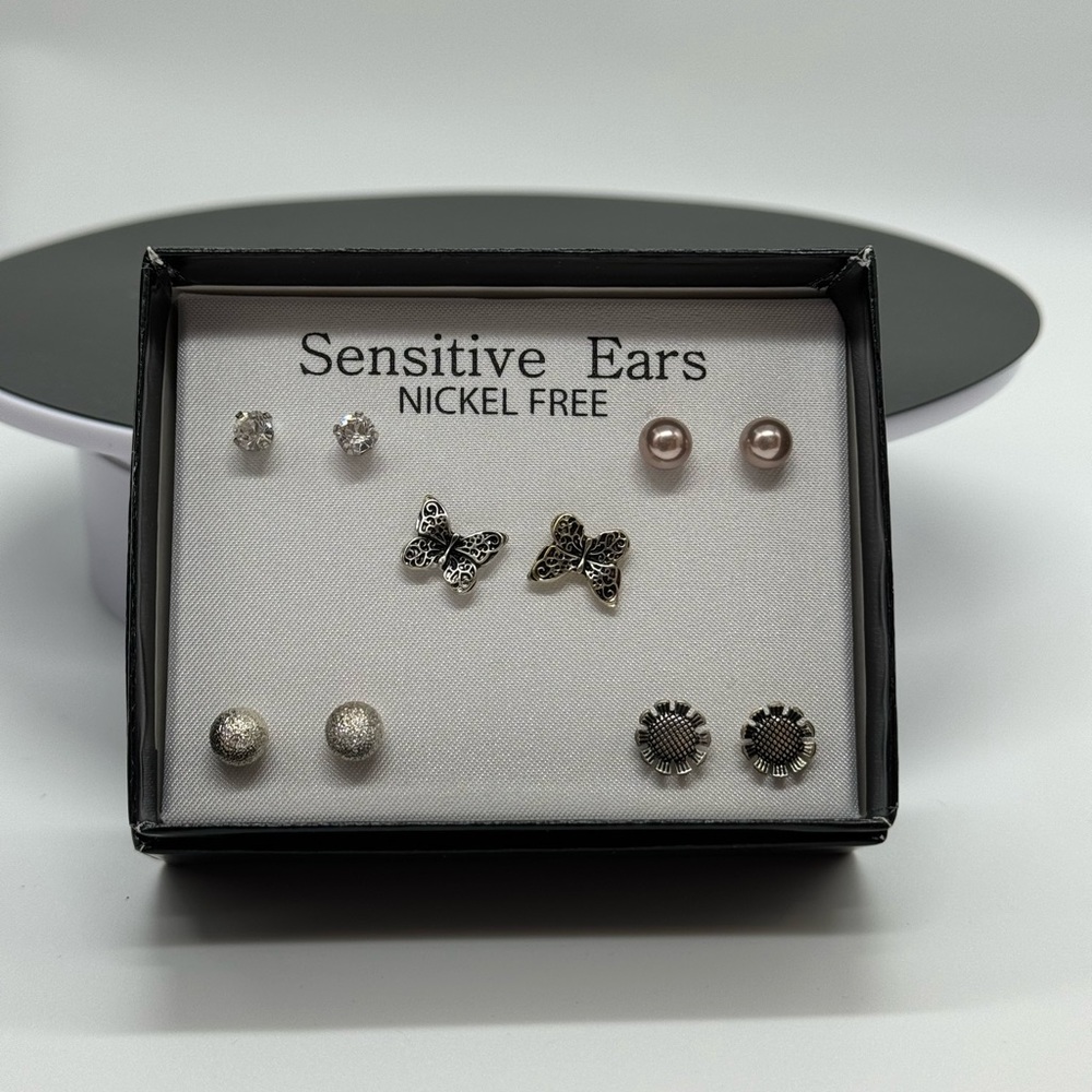 Box Set 5 Pairs Silver Stud Earrings Sun Flower